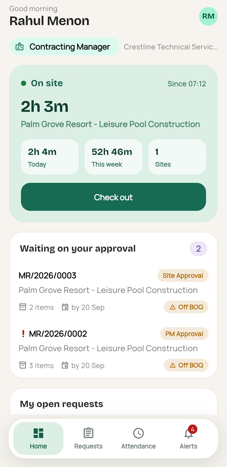 Odaura app home: checked in on site, material requests waiting for approval