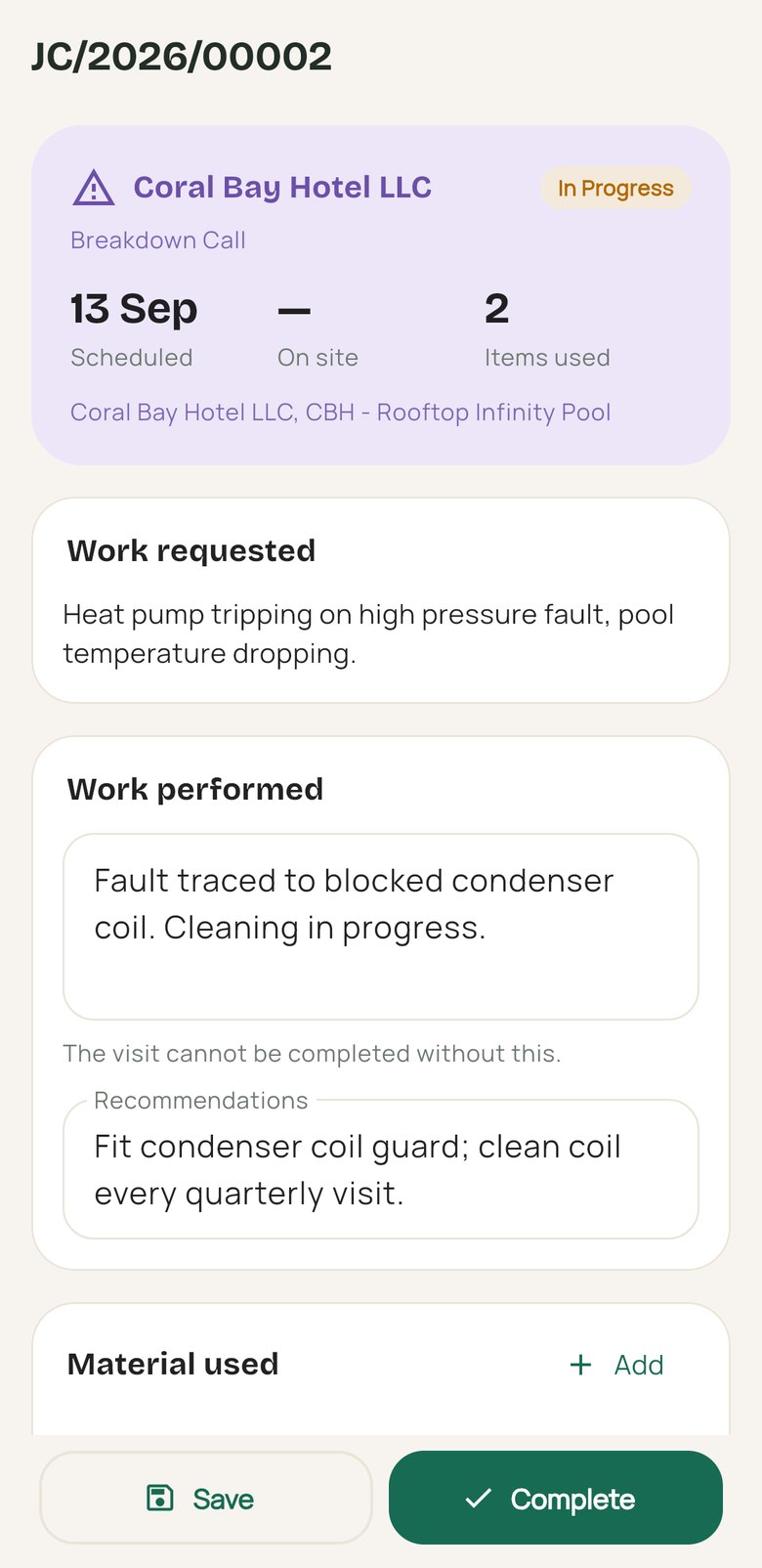 Odaura app job card: breakdown call with work performed and material used