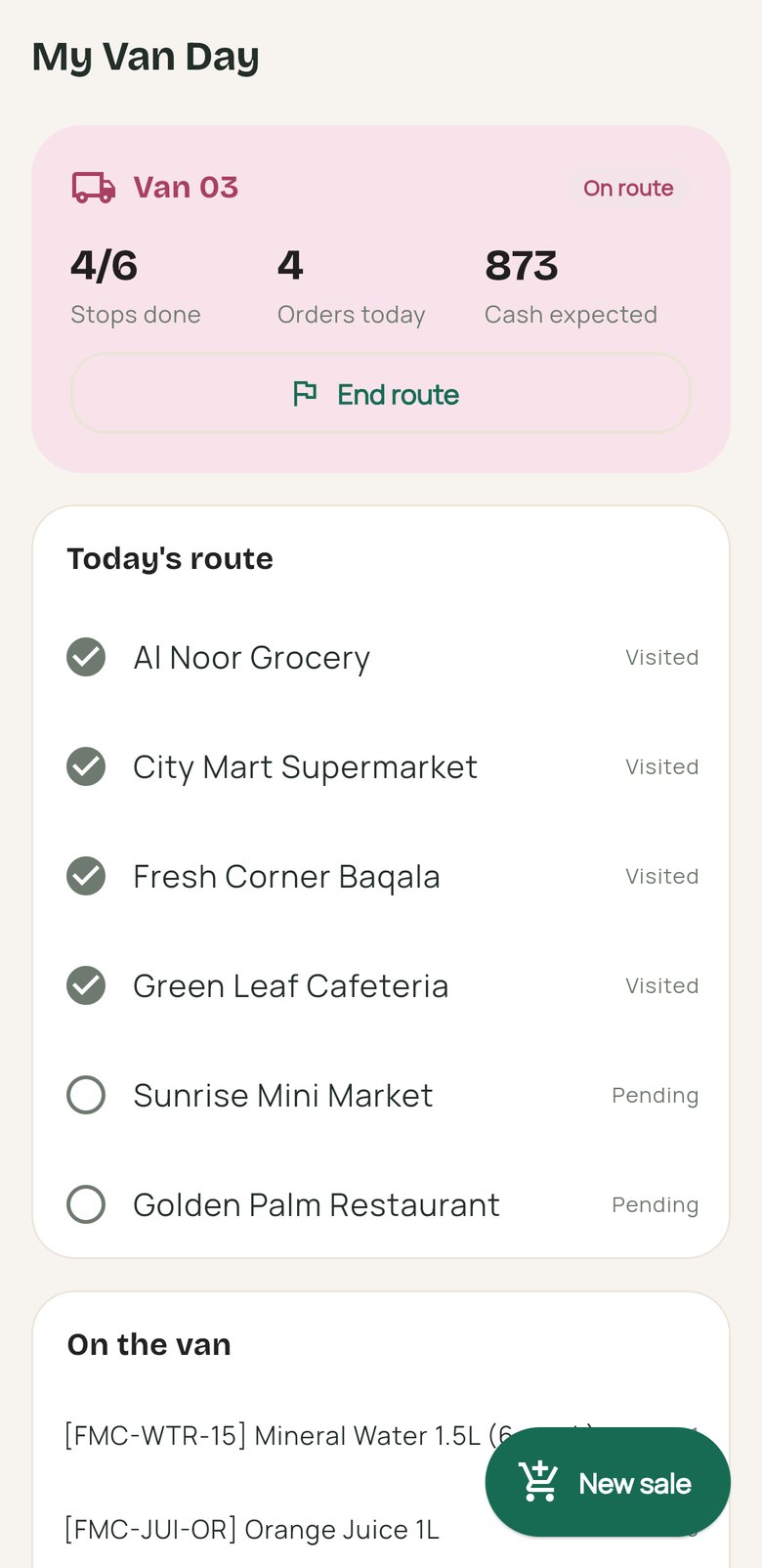 Odaura app van day: route stops visited, orders today and cash expected