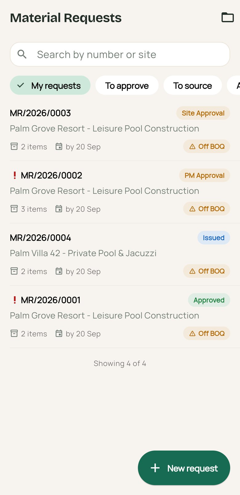 Material request list with approval states and off-BOQ flags