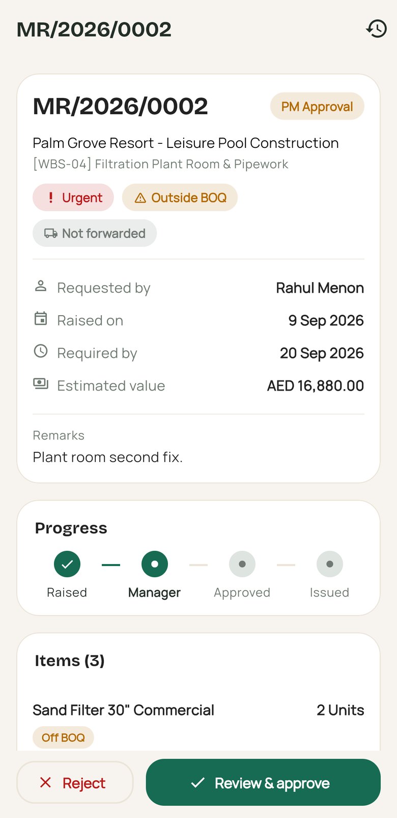 Material request waiting for manager approval, with progress and items