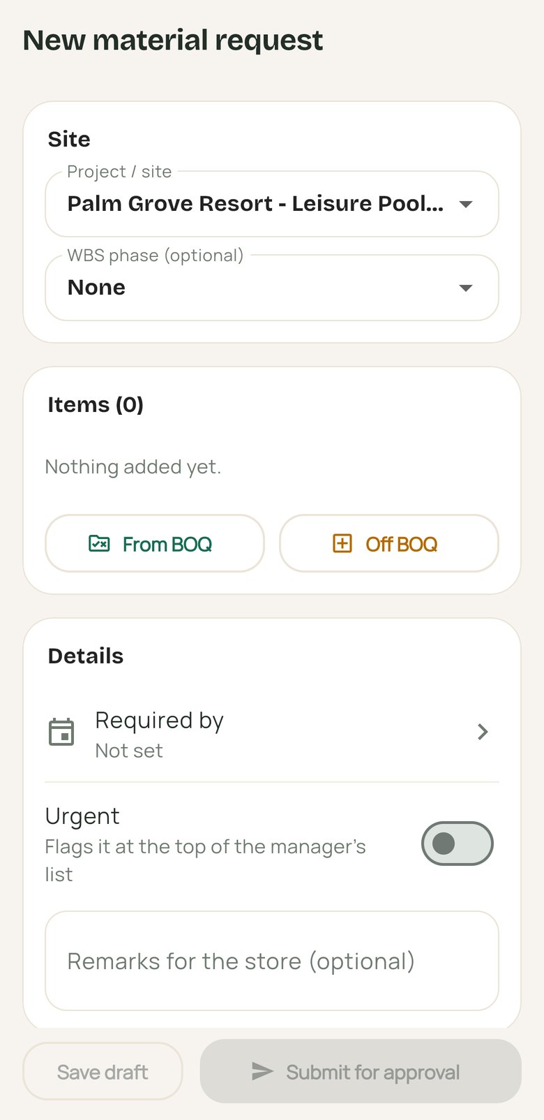 New material request form with site, WBS phase and items from the BOQ
