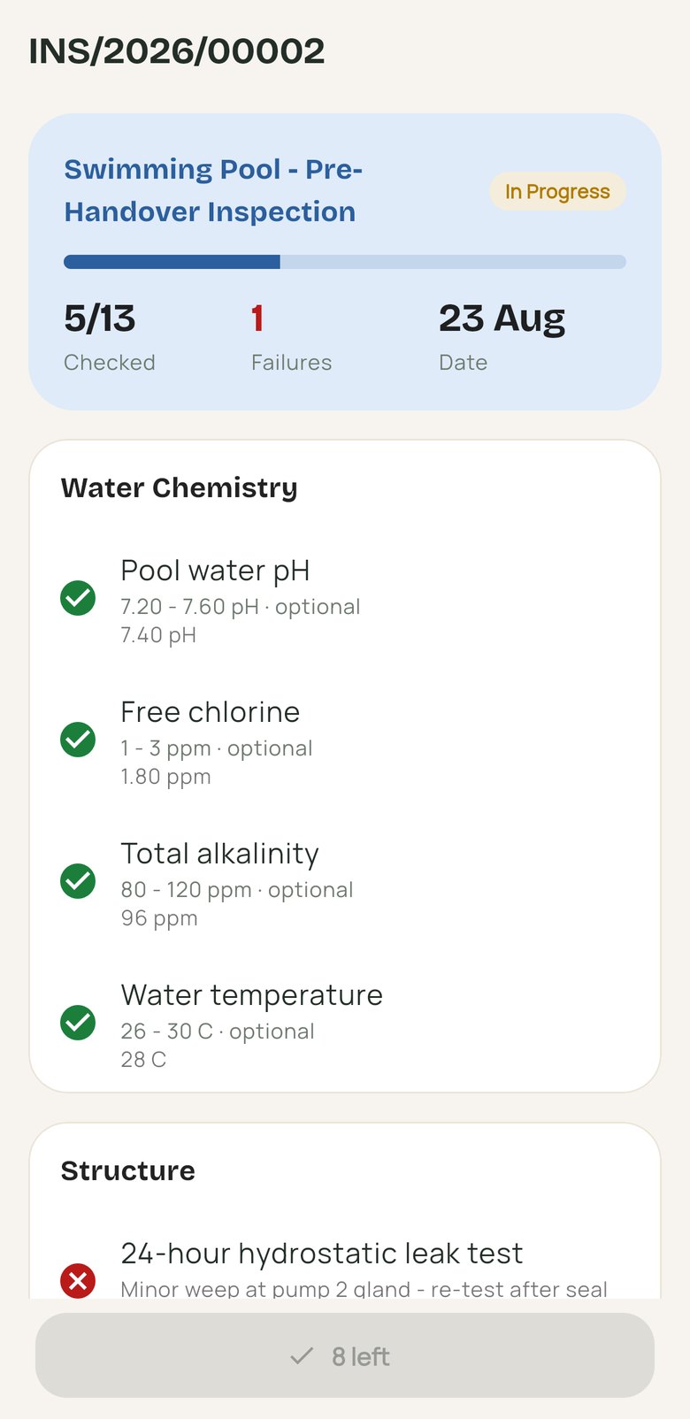 Inspection checklist in progress with measurements against tolerance