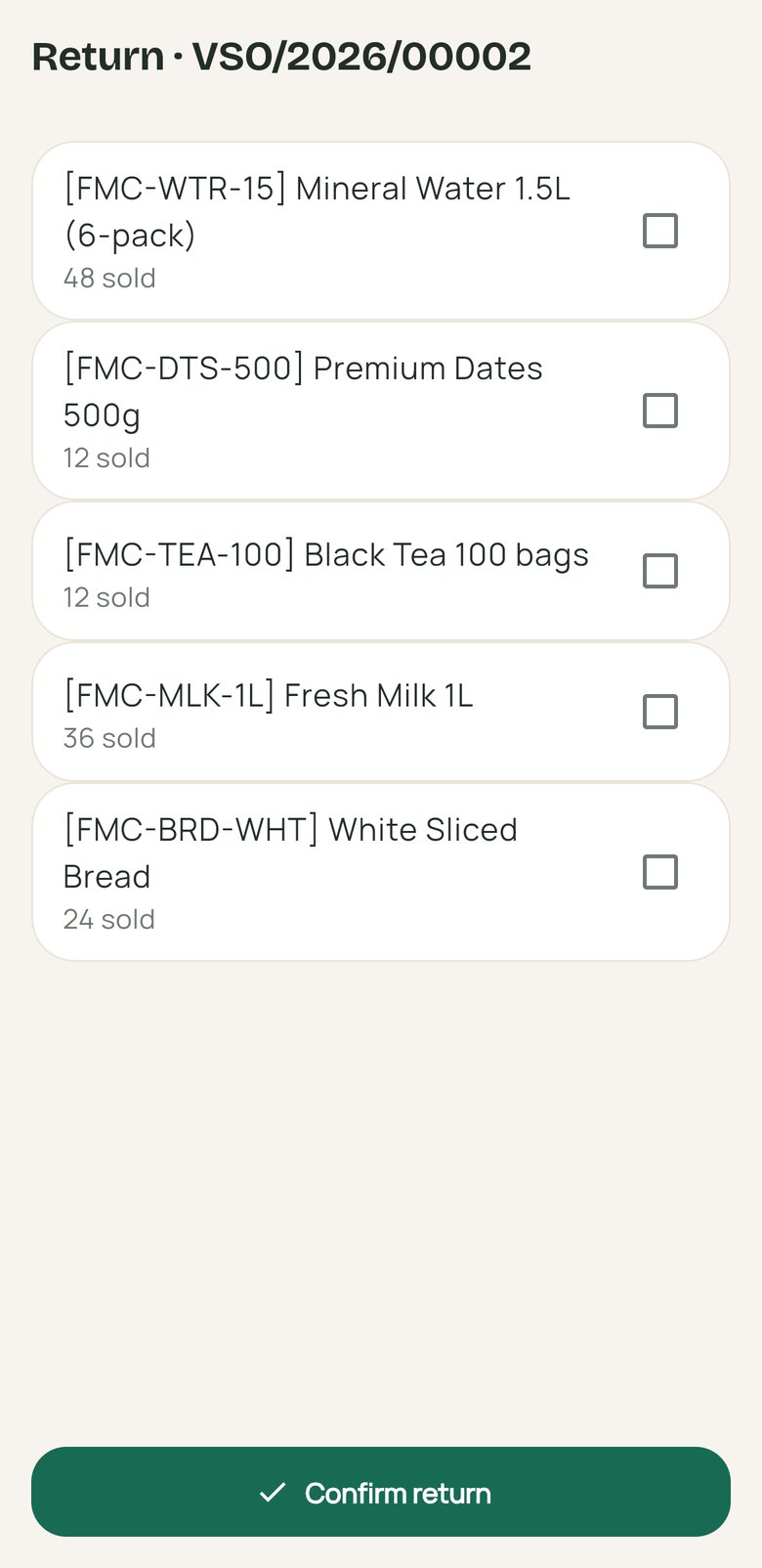 Return against a van order, choosing the goods taken back