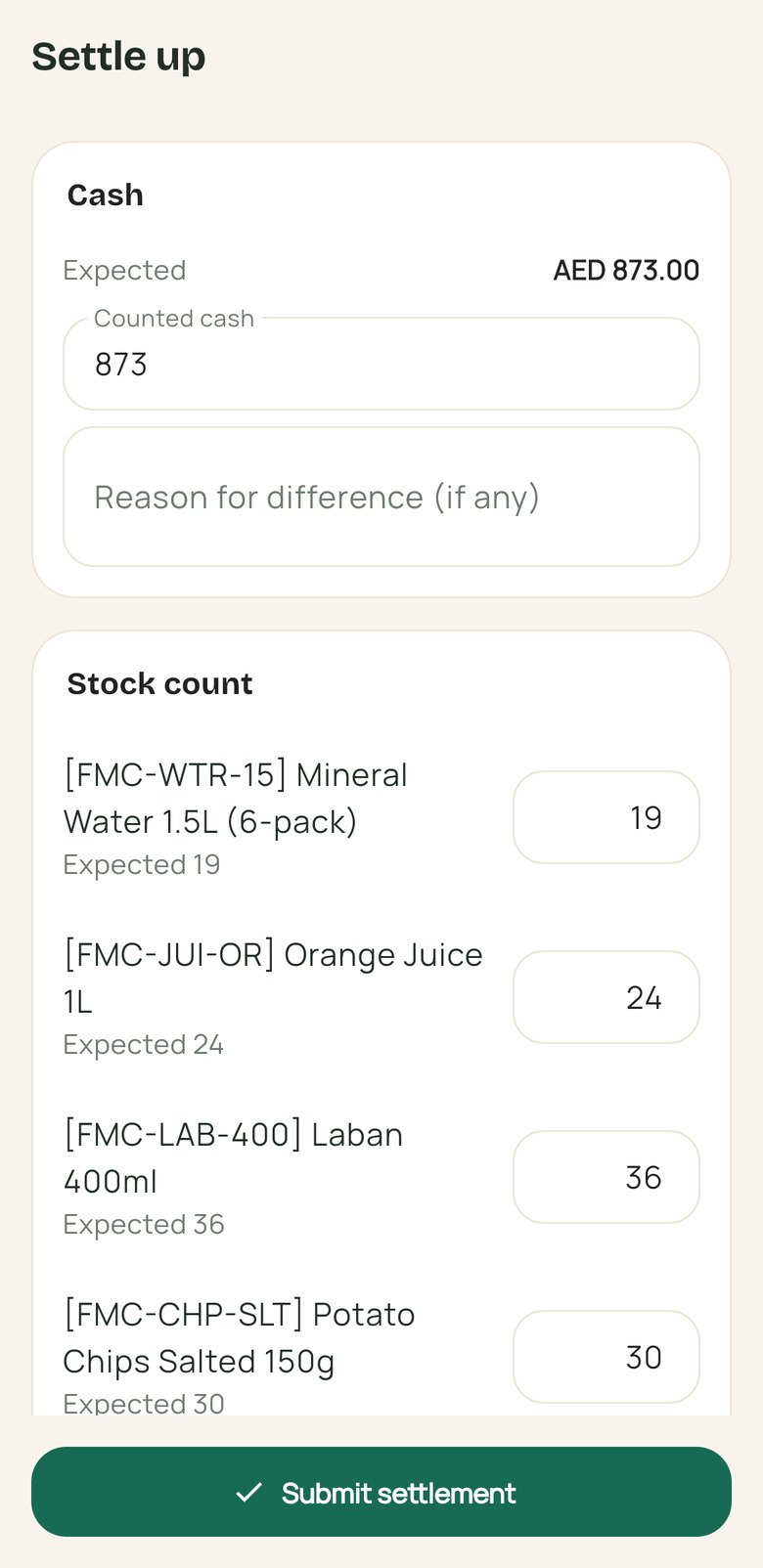 End-of-day settlement with expected cash and stock count