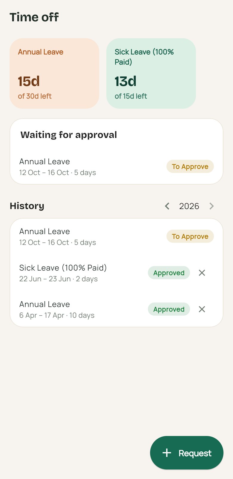 Leave balances, a request waiting for approval and leave history