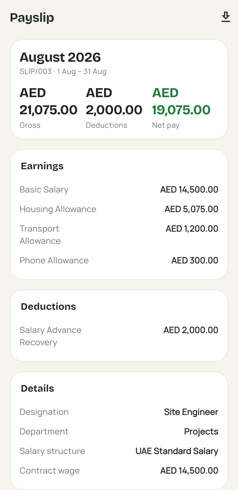 Payslip with gross, deductions, net pay and every line