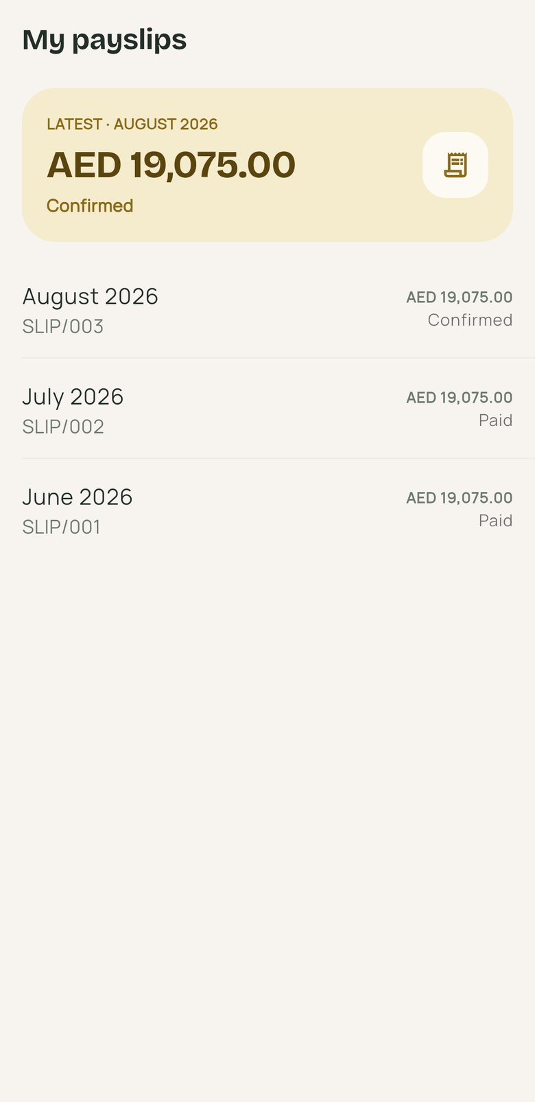 Payslips by month with net pay and paid state
