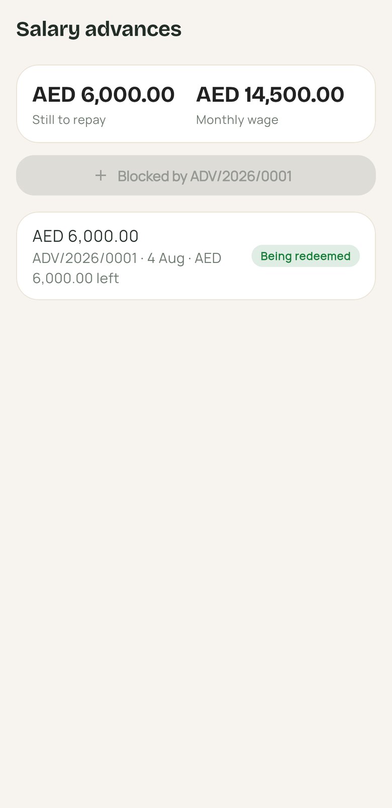 Salary advance being repaid with the amount still to repay