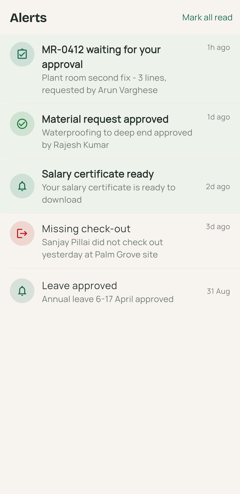 Alerts for approvals, ready documents and missing check-outs