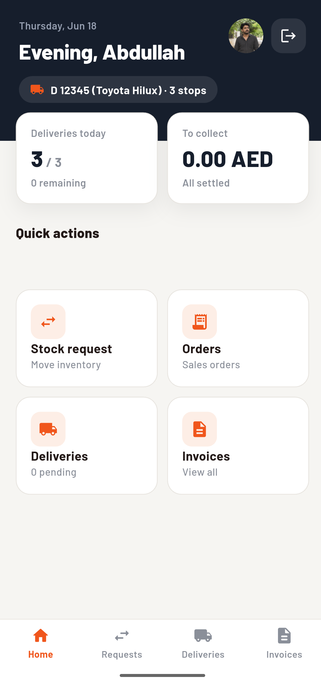 Truckr dashboard showing daily deliveries and quick actions