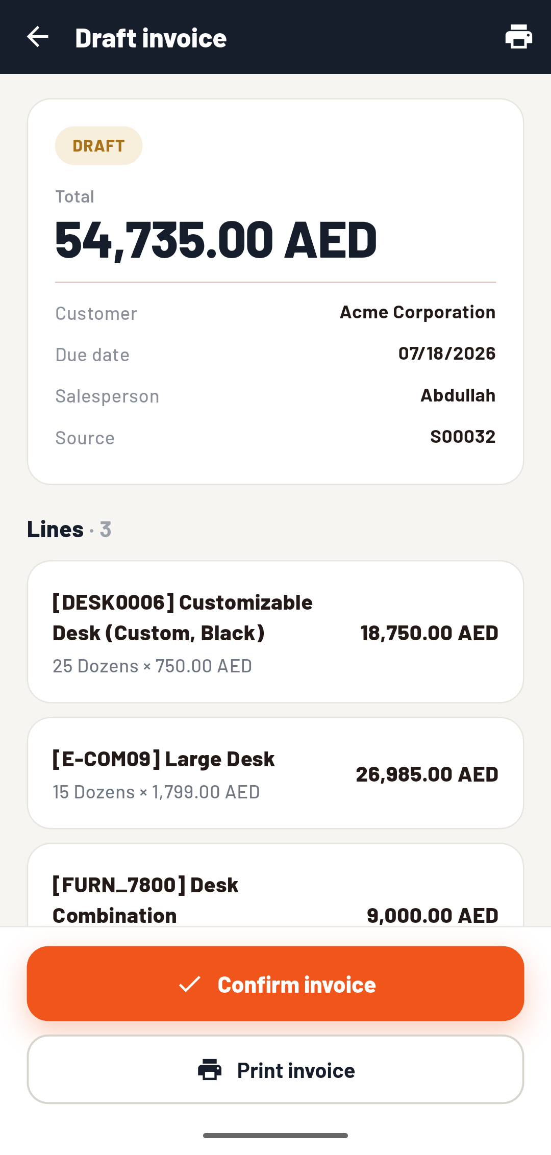 Draft invoice with line items and confirm action