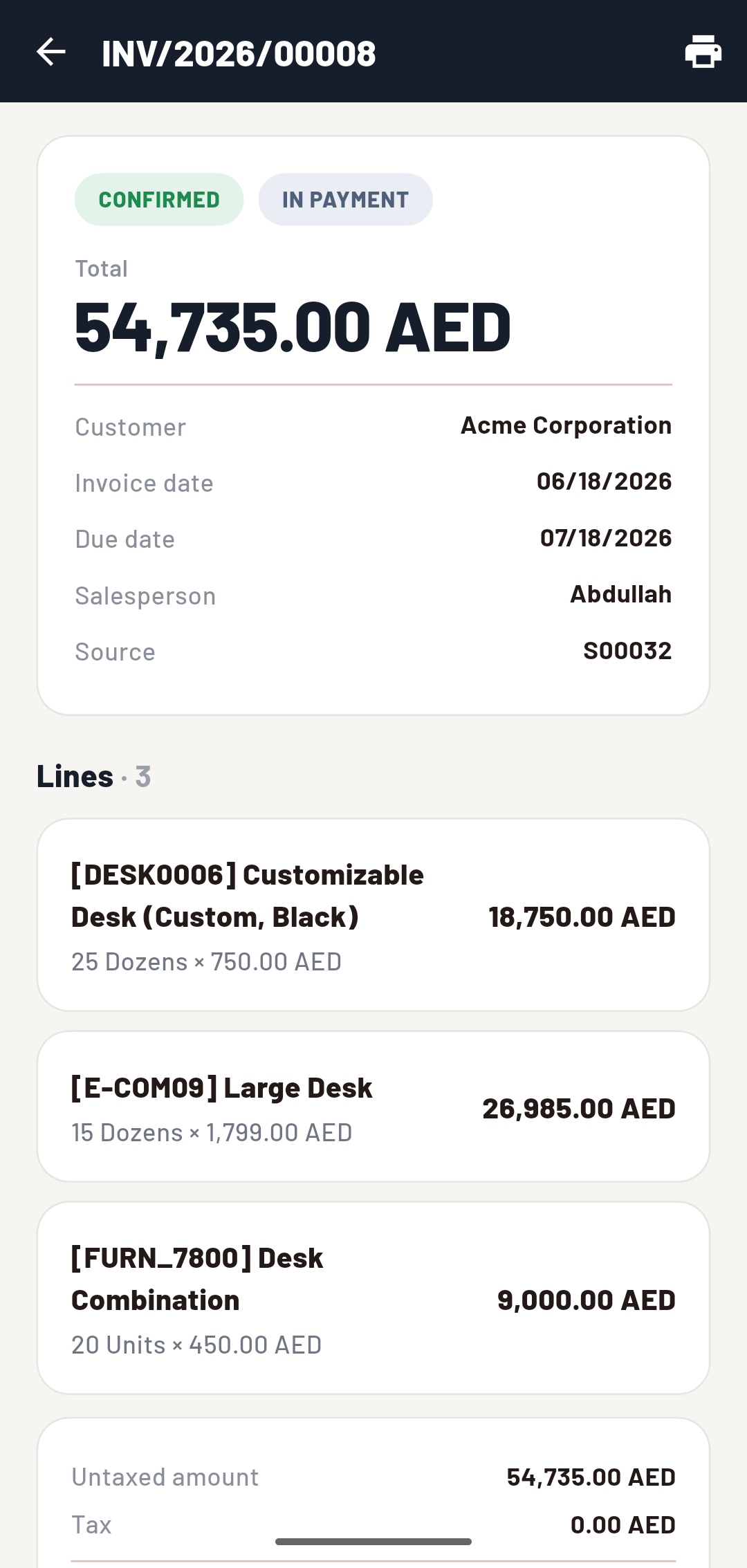 Invoice listing with payment status