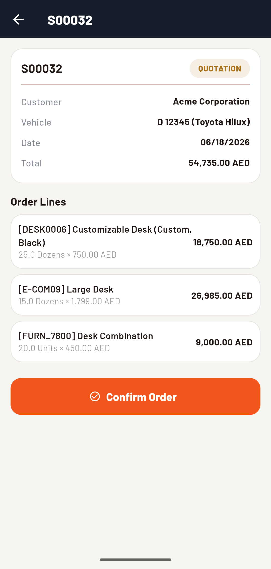 Detailed order view with line items and pricing