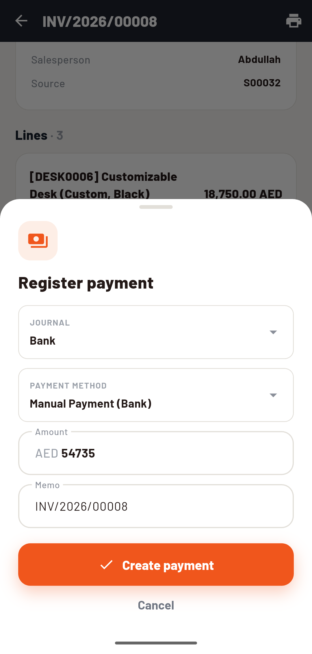 Payment registration form