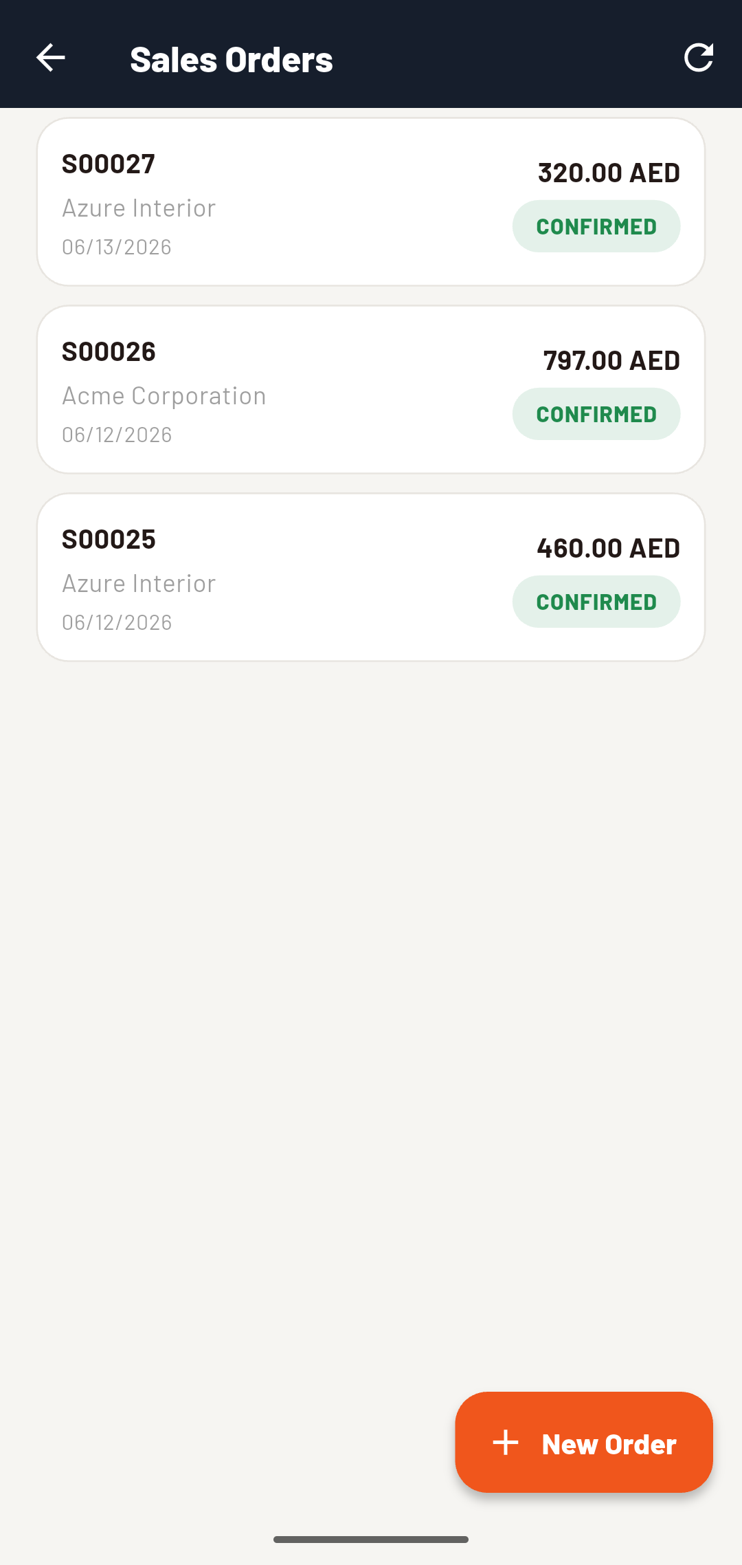 Sales orders list with status tracking