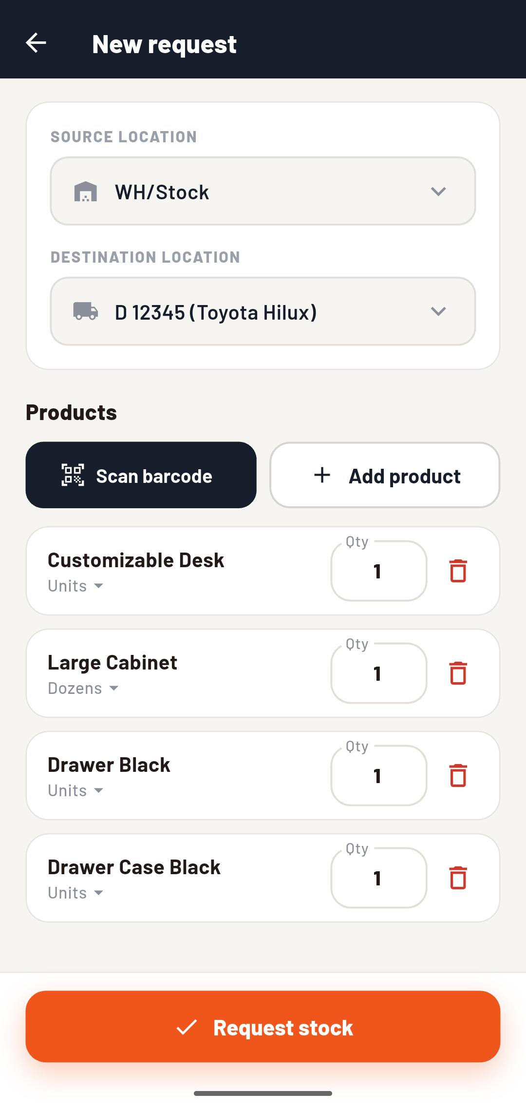 New stock request form with barcode scanning